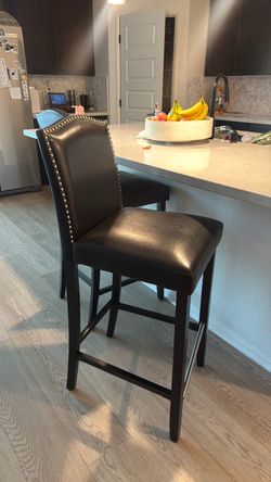 Set of 2 Black Faux Leather Bar Stool with Nailhead Trim