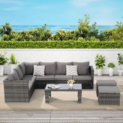 6 Piece Outdoor Patio Furniture Set
All Weather Wicker Rattan
Outdoor
Sofa Conversation Set with Glass
Table, Cushions and Pillows, for Lawn,
Garden