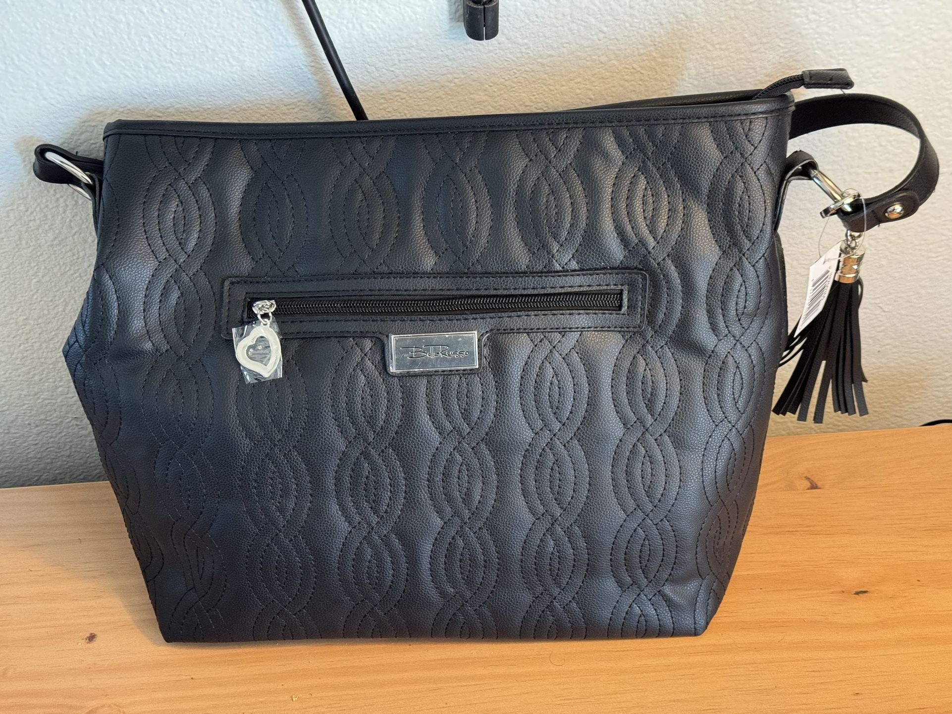 NEW. BELLA RUSSO: Black Quilted Purse Faux Leather Handbag Bag Tote 11x15.