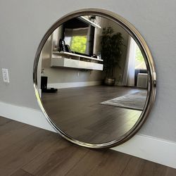 33” Silver Chrome Metal Round Wall Mirror - Circle Bathroom Vanity Wall Mirror