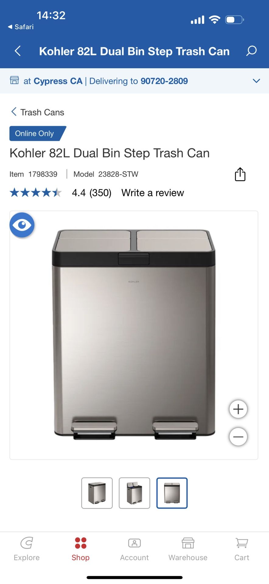 Kohler 82L Dual Bin Step Trash Can