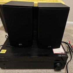Insignia audio receiver. 2 polk speakers. storage box