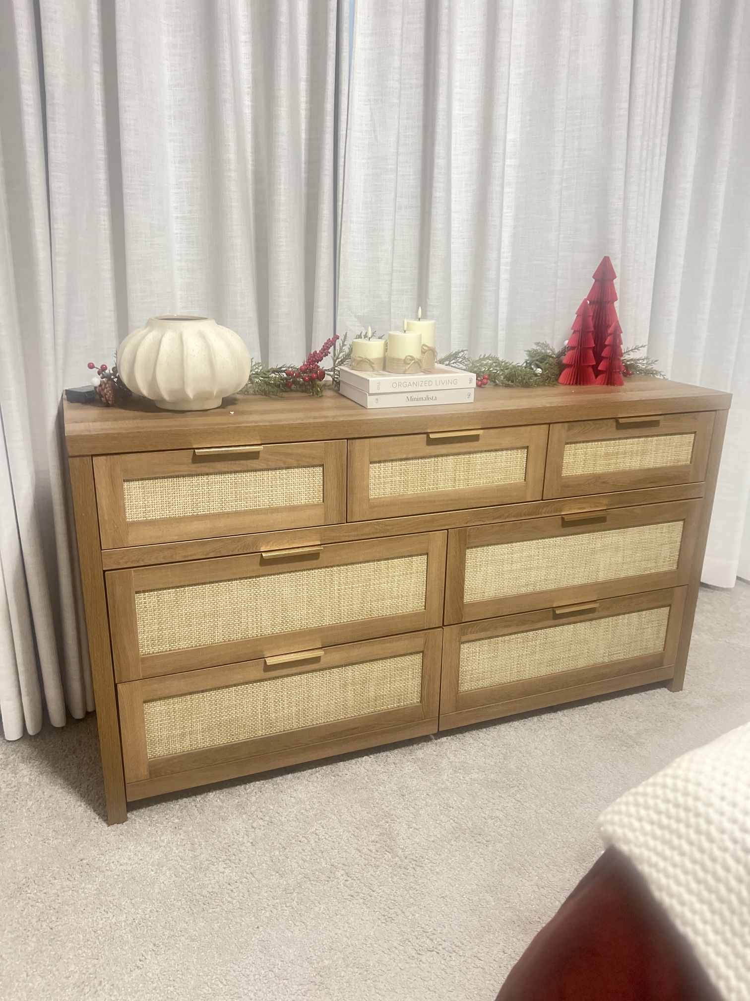 SICOTAS 7 Drawer Dresser for Bedroom, 57" Wide Rattan Dressers, Large Chest of Drawers for Bedroom, Dresser TV Stand, Boho Closet Organizer (Reclaimed