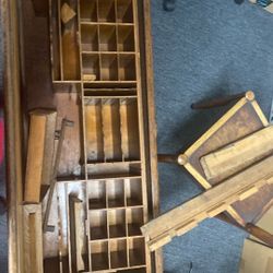 Old antique mid-century rooftop desk, original wood original chair needs a little bit of refurbishing comes with glass cabinets and file cabinake best