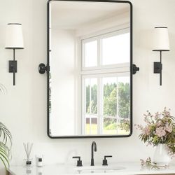 24 X 36 Inch Pivot Mirror Bathroom, Black Tilt Mirror Bathroom For Wall, Matte Black Beveled Pivot Rectangle Mirrors For Over Sink, Farmhouse