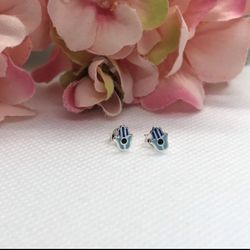 Enamel Hand of Fatima Earrings.