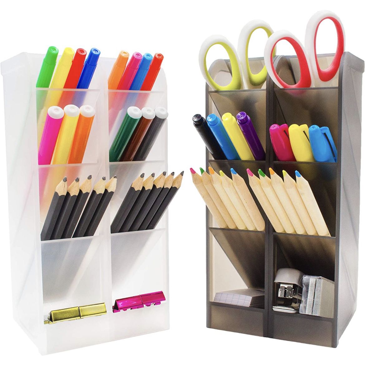 STYLIO Office Desk Organizer. Pen & Pencil Holder. Markers, Stationery Caddies Essential for Office/ Teacher Supplies. Translucent Black & White Caddy
