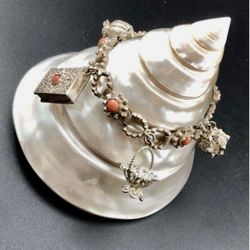 FREE SHIPPING! Antique Etruscan Revival 800 Silver Coral Bracelet 8” With 5 Filigree Charms
