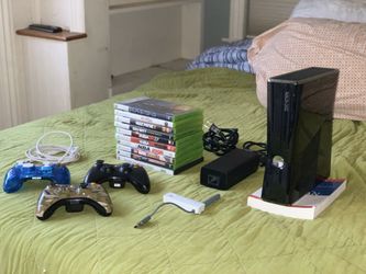 Xbox 360, 3 controllers, 10 games, wireless adapter