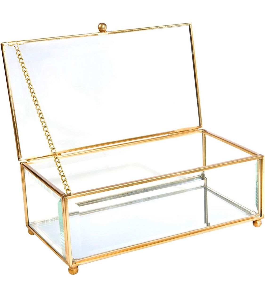 Vintage Gold Glass Keepsake Box Jewelry Holder Desktop Organizer, Decorative Accent, Vanity, Wedding Bridal Party Gift, Beveled Glass Boxes, Golden (M