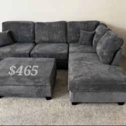 Elegant No Tax 3-Pc Dark Gray Corduroy Sectional Sofa With Storage Ottoman & USB Port