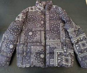 Maison Article Men’s Bandana Print Puffer Jacket – Black & White Full Zip Coat Size Large
