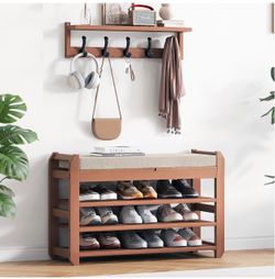 27.6" Bamboo Shoe Bench with Cushion, 5 Hooks Coat Rack, 3-Tier Adjustable Storage Bench for Entryway, Heavy Duty Shoe Rack Organizer with Removable S
