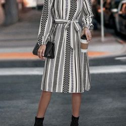 LUNE Geo Print Bishop Sleeve Belted Dress