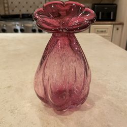 Pink Bubble Glass Flower Vase Daisy Bloom Pattern 8" Floral Decor Hand Blown 