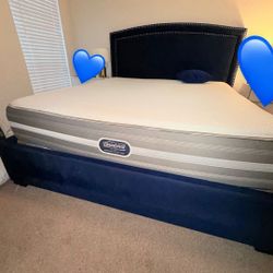 King Navy Upholstered Bed + Box Spring + Beautyrest Mattress - OBO Beautiful navy upholstered