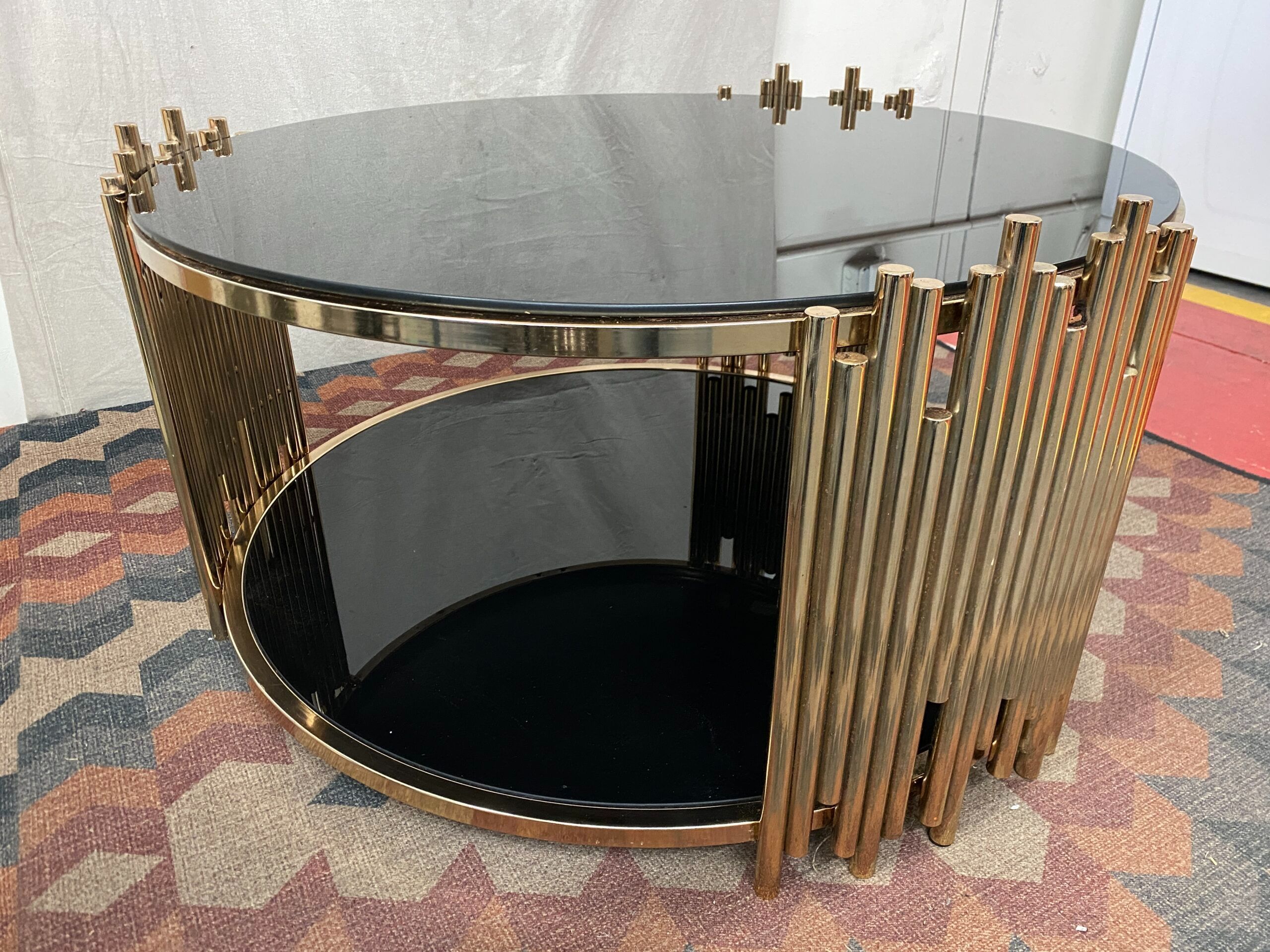 Modern Round Gold & Black Glass 2-Tier Coffee Table