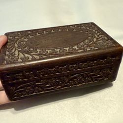 Antique Ornate Hand Carved Solid Wood Wooden Trinket Box 6”x4”x2.5”