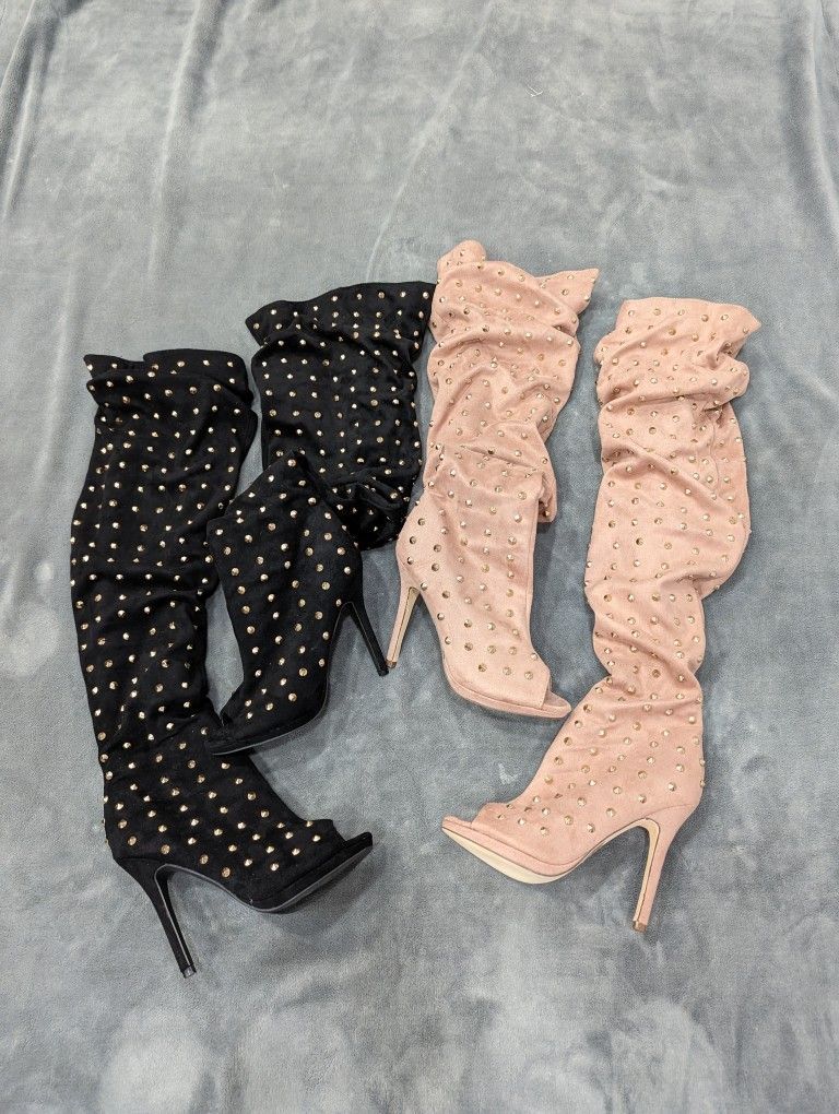 Liliana Vegan Suede Over the Knee Golden Tacks Peep Toe Boots Size 9