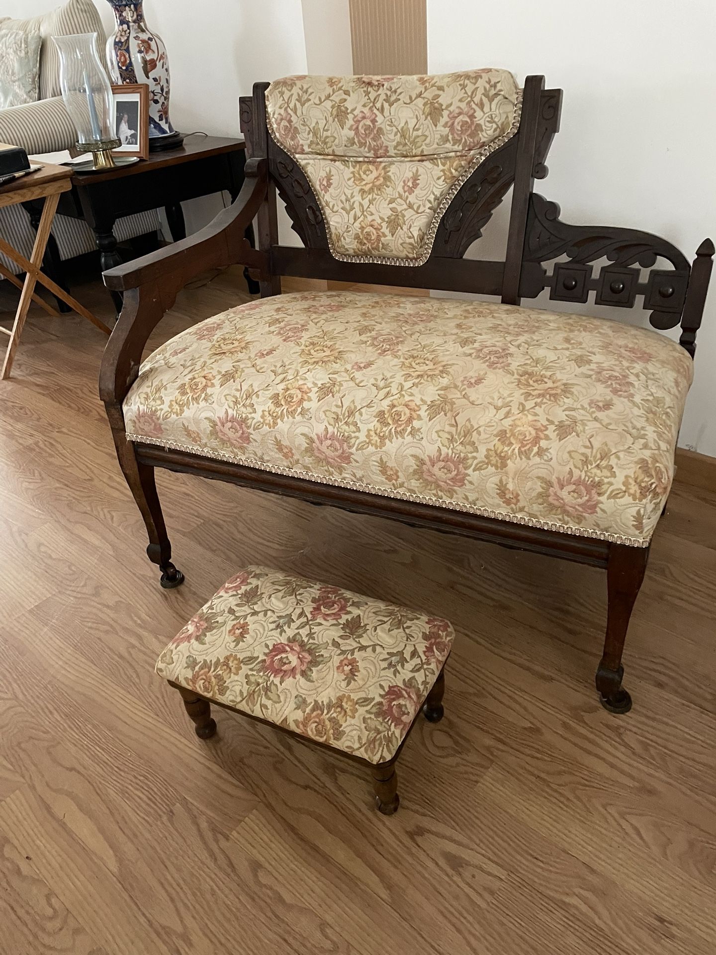 1900s Antique Loveseat With Stool.