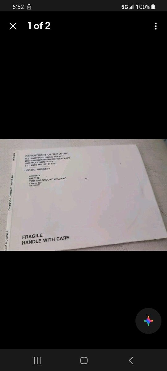 ARMY MANUAL/ CD ROM/ EM 0196- TM 9-1095 GROUND VOLCANO 3 MARCH 2000