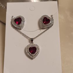 Silver CZ and Ruby Necklace and Earrings Set 