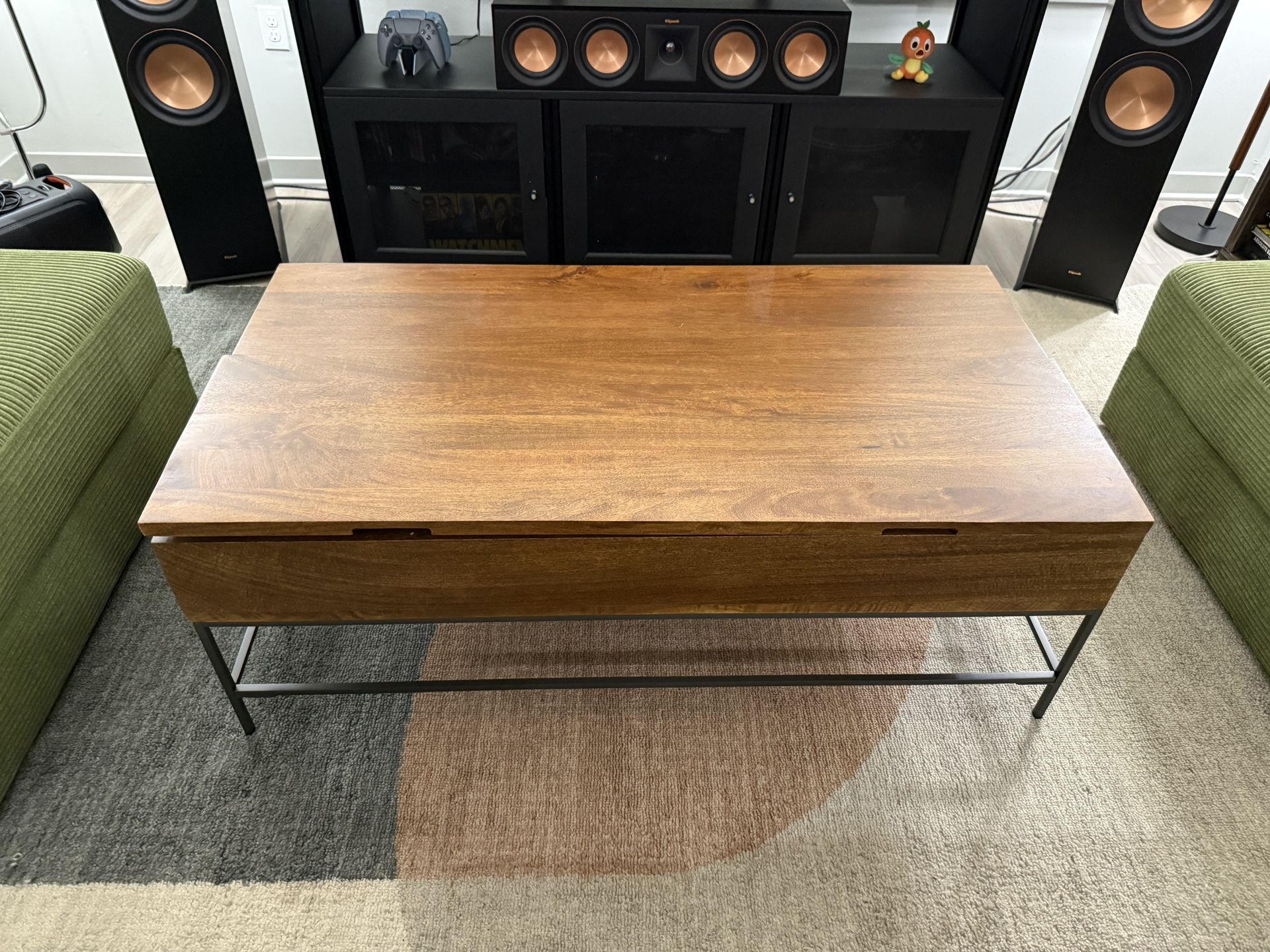 West Elm Industrial Storage Pop Up Coffee Table 50” Raw Mango Wood Brown