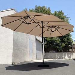 (NEW) $130 Large 15 FT Double Sided Outdoor Umbrella with 65 LBS Plastic Weight Base (Beige color) 