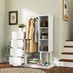 Versatility Wardrobe with Hanging Rack & Shelves for Bedroom Storage Combo Chest with 4 Drawers