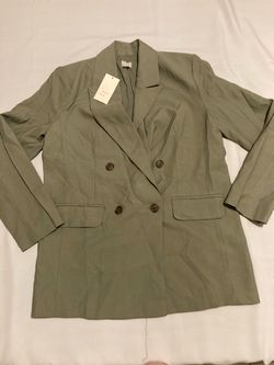 A New Day Woman Green Double-Breasted Blazer Dark Brown Buttons Size Small Fake pockets