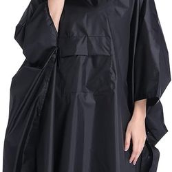Rain Poncho Waterproof Raincoat Jacket for Adults w/ Hood for Men & Women Black