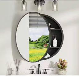 KeonJinn 30 in. W x 30 in. H Round Black Metal Framed Surface Mount Medicine Cabinet with Mirror=Pal-Pal-939