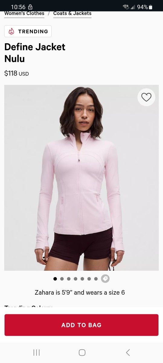 Lululemon Define Nulu Jacket Size 6 Pink Organza
