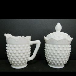 Fenton Hobnail Milk Glass Scalloped Crown Top Drip Glaze Creamer & Sugar Bowl with Lid