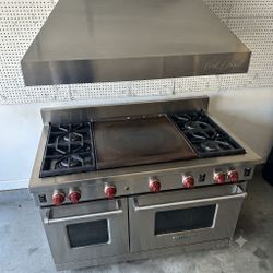 Wolf 48” Professional Dual Oven Gas Range 6 Burner with Griddle & Vent-A-Hood