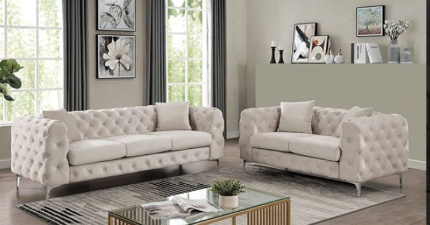 Brand New Beige Plush Contemporary Style Sofa & Loveseat 