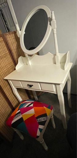 Modern White Makeup Vanity with Swivel Mirror & Cushioned Stool Set with 1 Drawer, Dressing Table