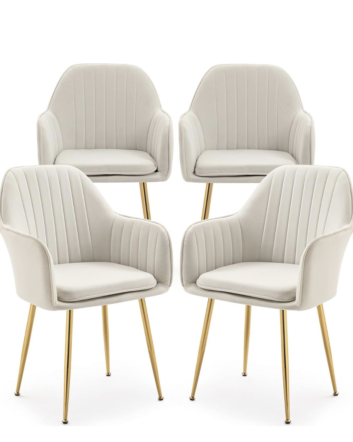 Arm Chairs Set of 4, Velvet Mid-Century Upholstered Seat, Golden Legs, Light Beige
