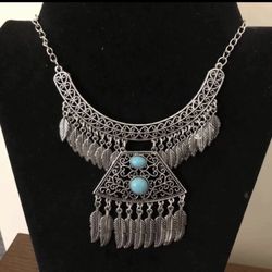 Silver Tone Large Boho Pendant Necklace