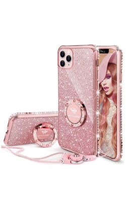 iPhone 11 PRO MAX Glitter Luxury Bling Diamond Rhinestone Bumper with Ring Grip Kickstand Protective Thin Girly Pink iPhone 11!
