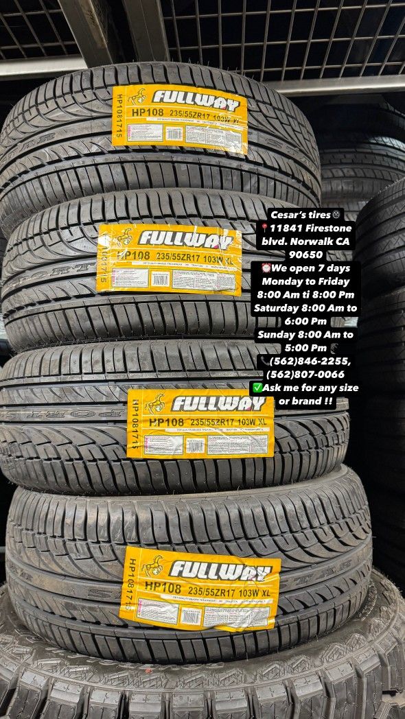 235/55R17 FULLWAY A SET OF FOUR NEW TIRES, INCLUDES MOUNTING AND BALANCING WITH WARRANTY, ASK ME FOR ANY SIZE OR BRAND, WE HAVE THE BEST PRICES!!
