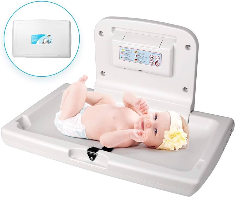 Wall-Mounted Baby Changing Station, Horizontal Fold-Down Diaper Change Table with Safety Straps Paper Liner Dispenser for 16” Stud Wall Commercial Bat