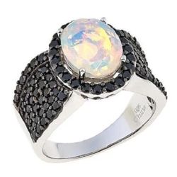 1.50CT Oval Faceted Ethiopian Opal and 1.50CTW Black Spinel Silver Ring SZ 8 NWT