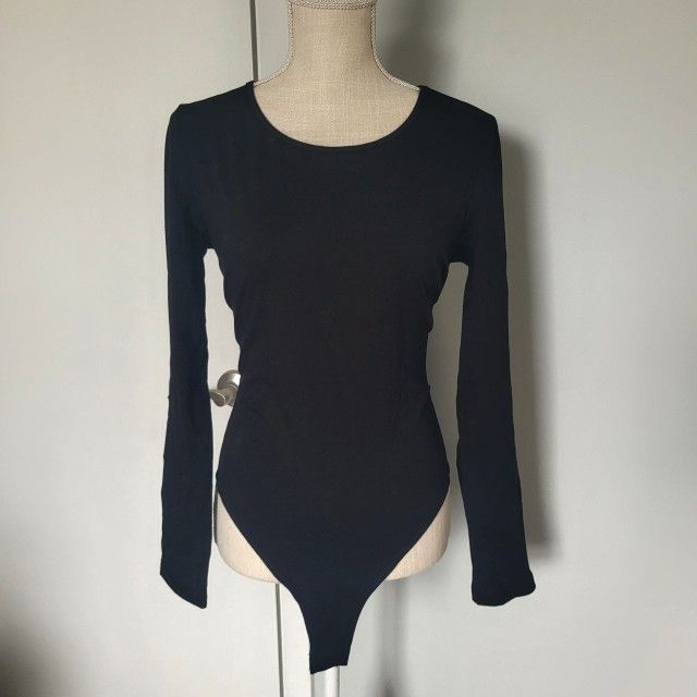 MANGOPOP Women's Long Sleeve Bodysuit Size L Black Color A103