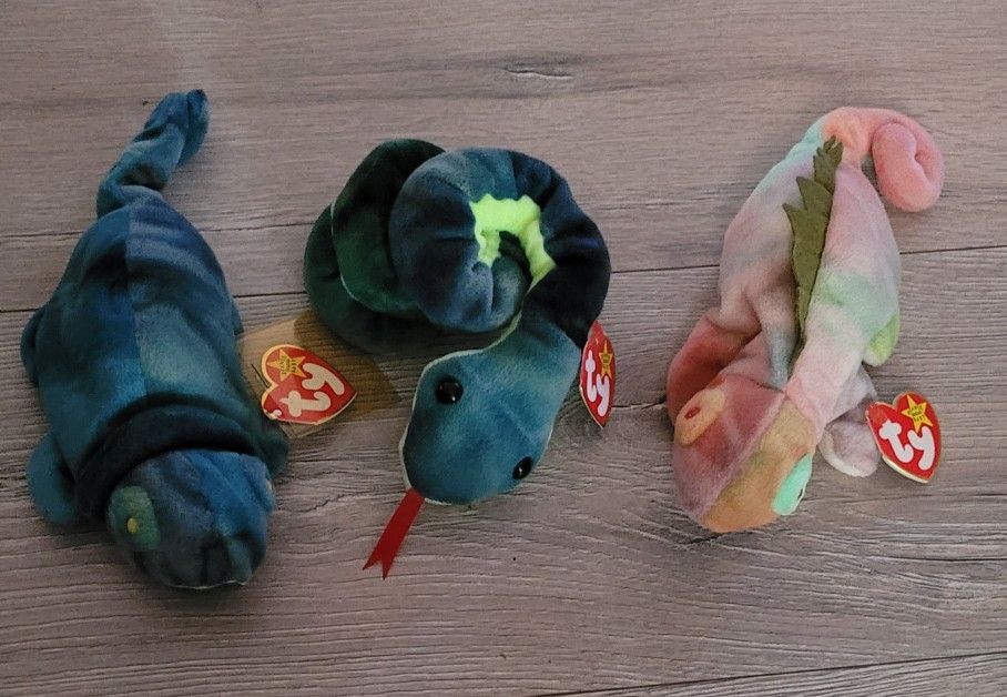 3 TY Beanie Babies 1 Snake 2 Chameleons