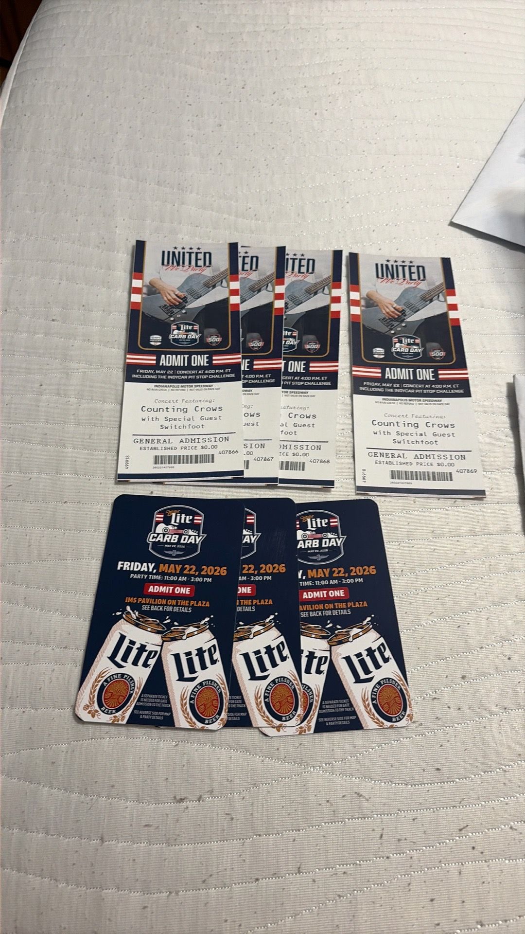 Four ticket to Counting Crows with special guests switch Foot three tickets to carb day at the IMS pavilion on the plaza Indianapolis
