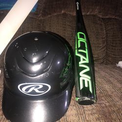 Baseball, bat and helmet
