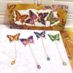 Butterflies Metallic Bookmark w/Diamond charm chain (Set of 4)