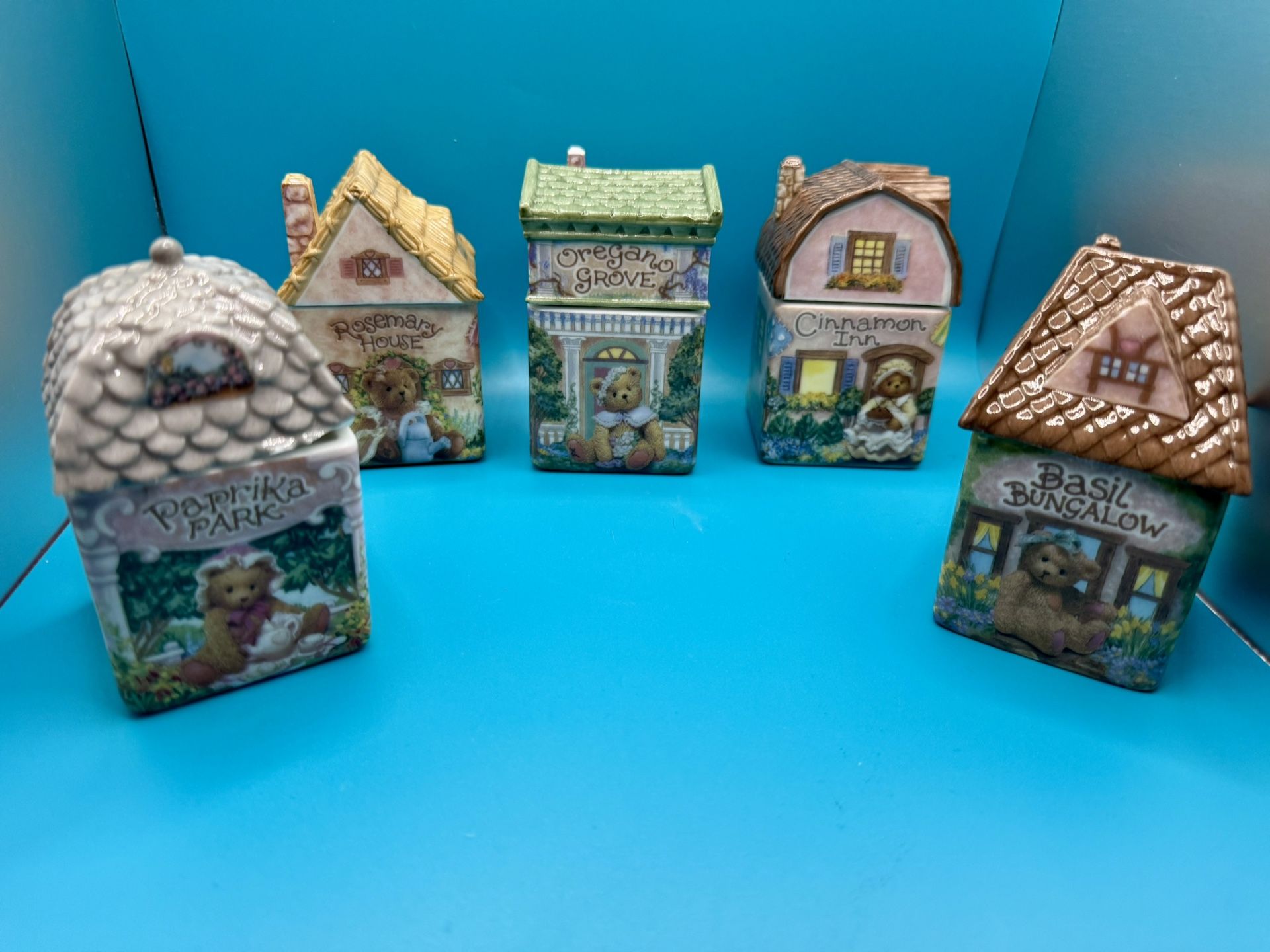 Cherished Teddies by Enesco Set of 5 Spice village jars -1997.