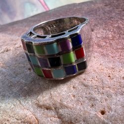 Silver 925 Ring Colorful Glass Antique Vintage 
